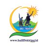 Logo for Bali Trekking: two people jumping in front of a sun and mountain backdrop, with water and green landscape, plus the text ‘Bali Trekking’ and website address ‘www.balitrekking.id’.