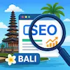 Tips SEO Website Bali dengan ikon kaca pembesar SEO, grafik pertumbuhan, dan elemen khas Bali untuk optimasi website bisnis lokal.